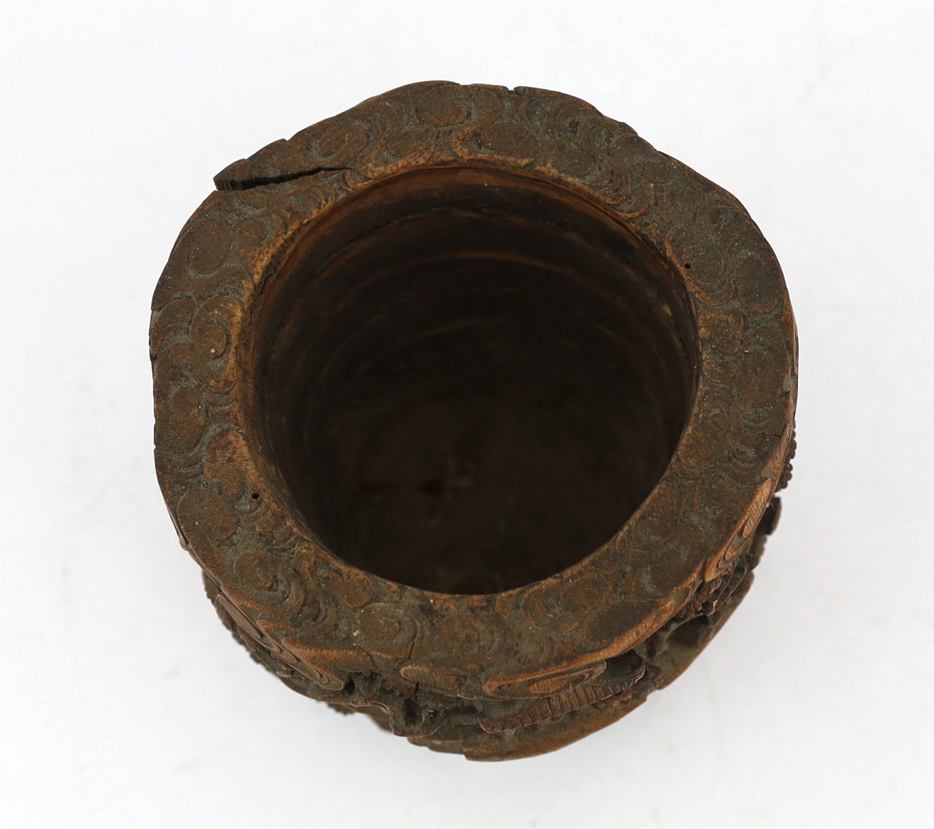 A Chinese bamboo-root ‘scholars’ brushpot, bitong, 19th century, age cracks